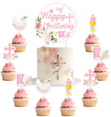 Jollyboom Christening Decorations for Girls, Happy Christening Cake Cupcake Toppers Pink Cake Decorations for Baby Baptism Holy First Communion Party Supplies