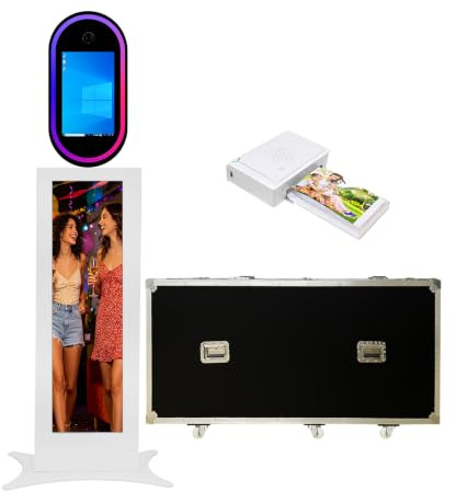 WideMeet Appareil photo reflex numérique avec écran tactile LCD, lumière RVB, contrôle par application, étui portable pour mariages, fêtes, événements (blanc, cabine photo + imprimante)