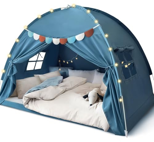 Razee Full Size Bed Canopy for Kids, Girls Bed Tent Dream Privacy Sleeping Tents Indoor (String Lights and Pennant Banners are Included) (Large Blue)