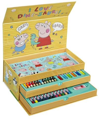Undercover – Peppa Pig måleriväska 44 delar – barn kreativt set med 3 fack fullt av måleri kul – vaxmålning färgpennor affisch klistermärke – för barn från 3 år, rosa