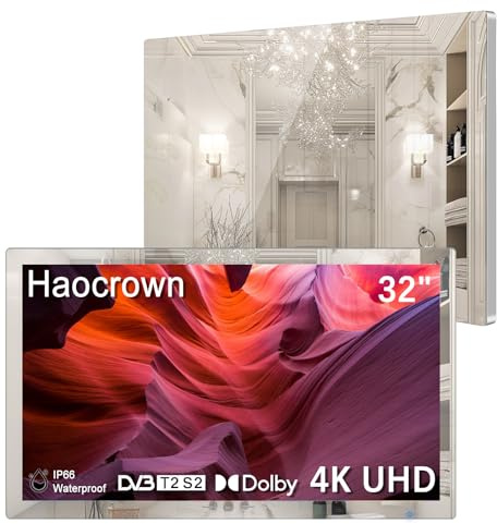 Haocrown 32 4K Ultra HD Smart Bathroom Mirror TV, IP66 Waterproof, Android 13 OS Built-in Voice Assistant (Remote with Mic), DVB Tuner, 500 cd/㎡ High Brightness (Silver Frame)