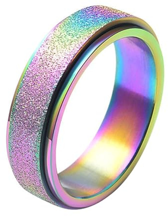 Calefee Fidget Ring Edelstahl Anti Stress, Ringe Frauen Verlobungsring Bandring Breit 6 mm Regenbogen Matt Drehbar, gr. 57
