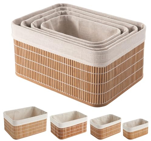 Alex Nash Set of 4 Bamboo Storage Baskets – Nesting Stackable Wicker Baskets with Removable Washable Liners – Bamboo Storage Boxes for Home Organisation, Bathroom, Bedroom, and Shelves