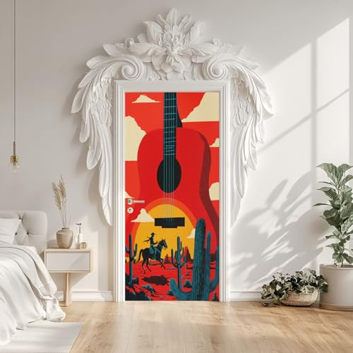 Türtapete Selbstklebend Cowboy Pferden Wilder Westen Abstrakt 77x200 cm, Wüste Pflanze Kaktus Türaufkleber Aufkleber PVC Türposter Tür Aufkleber für Schlafzimmer Wandbild Deko