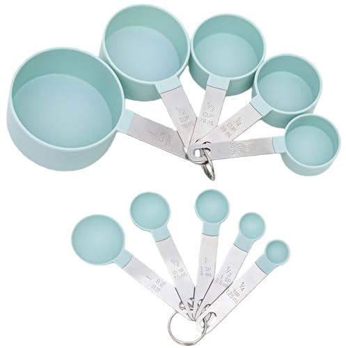 Juego de 8 tazas y cucharas medidoras, mango de acero inoxidable apilable, cucharadita pequeña con cabeza de plástico, medición de ingredientes secos y líquidos para cocina (verde)