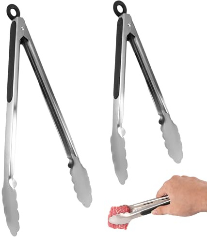 Lot de 2 Pinces de Cuisine en Acier Inoxydable, Pince Alimentaire Cuisine avec Poignée Antidérapante, Verrouillables Pince de Cuisine Résistant à la Chaleur 23 cm et 30,5 cm pour Cuisson au Barbecue