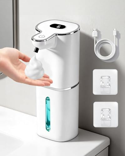 YOLIN Dispensador de Jabón Automático 6 Niveles Ajustables con Pantalla Digital, Dispensador de Jabón Cocina con Sensor de Movimiento Infrarrojo, 380ml, Recargable USB, IPX5, Ideal para Cocina y Baño