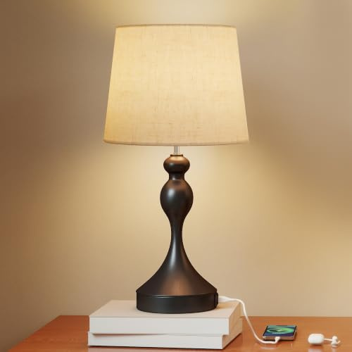 HOMCOM Lampe de table 3 températures couleur ports charge USB A+C Noir | Lampe de table LED, lampe de chevet, abat-jour en lin, lampe de bureau lampe de lecture, pour chambre salon.