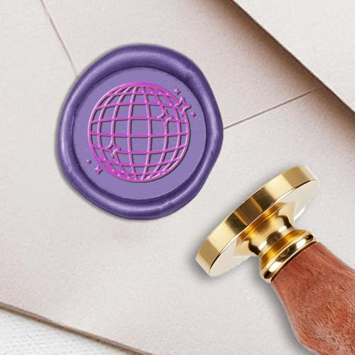 PRESSINART Vaxsigillstämpel 0,98 tum vintage sigillstämpel discokula design avtagbart mässingshuvud sigill med trähandtag för födelsedag bröllop inbjudningskort presentförpackning