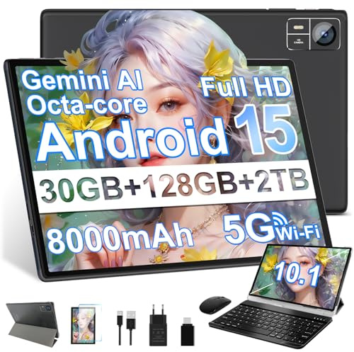 2026 Tablette Android 15 30Go RAM+128Go ROM + TF 2To 10 Pouces,Gemini AI,Octo-Core, 8000mAh,GPS,Corps intégré en métal, 5MP+8MP, WiFi 5G& BT 5.0, Widevine L1 Tablet Avec Clavier et Souris - Noir