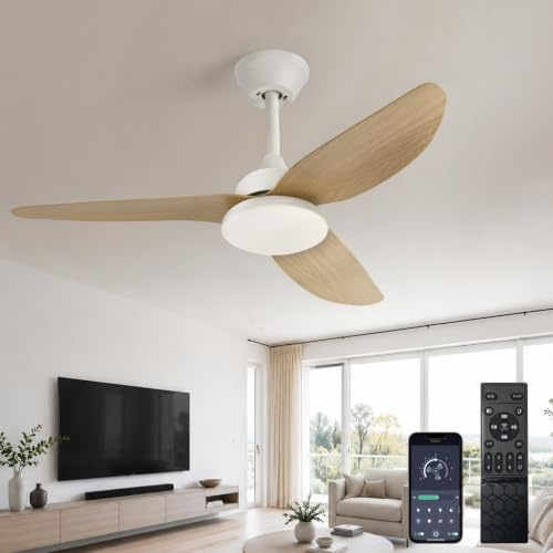 AQLEDY Ventilatore da Soffitto con Luce e Telecomando, Lampadario con Ventola da Soffitto Silenzioso 6 Velocità, Motore DC Reversibile, Pale da Soffitto con Luci LED per Camera Soggiorno - Legno Bianc