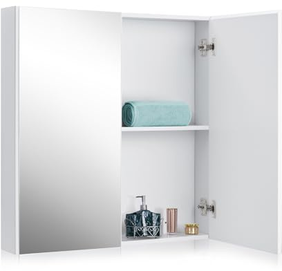 GOPLUS Spiegelschrank mit 2 Türen, Badezimmerschrank mit Spiegel, Hängeschrank Badschrank Wandschrank Bad für Badezimmer, 65 x 11 x 65 cm, Weiß (Weiß)
