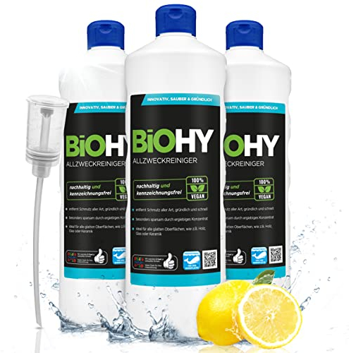 BiOHY Allzweckreiniger Konzentrat (3 x 1 Liter) + Dosierer | Bio Allesreiniger für Boden und Haushalt | Kalkreiniger Konzentrat mit universaler Anwendung | schnell und effektiv
