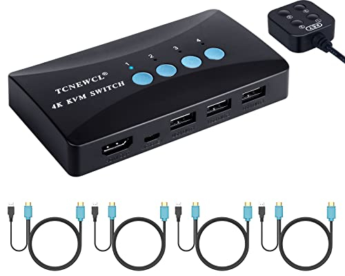 USB HDMI KVM Switch 4 Ports with Cables, Selector Switcher for 4 PC Sharing Video Monitor and Keyboard, Mouse, Scanner, Printer, HUD 3840x2160/ 4Kx2K@30hz