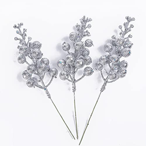 12Pcs Christmas Glitter Berries Stems, 7.9Inch Silver Berries Christmas Picks, Artificial Holly Berry Twig for Christmas Tree Decoration Xmas Garland Wreath Making DIY Craft Holiday and Home Ornament