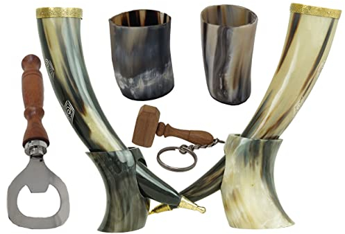Galaxy Indiacraft Viking Corne de bœuf | Chope | Tasse | Tasse | Tasse pour bière, hydromel, vin, verre à liqueur, décapsuleur | 100 % sans fuite | Naturel et fait à la main | Offres combinées (4