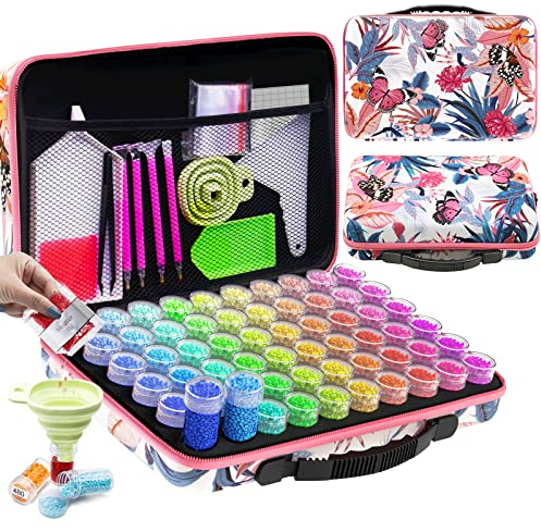 ARTDOT 60 Slots Diamond Painting Storage Boxes, 101pcs Diamond Art Accessories and Tools Kits with Pens, DIY Art Craft Bead Container Storage Boxes for Adults(Pink)