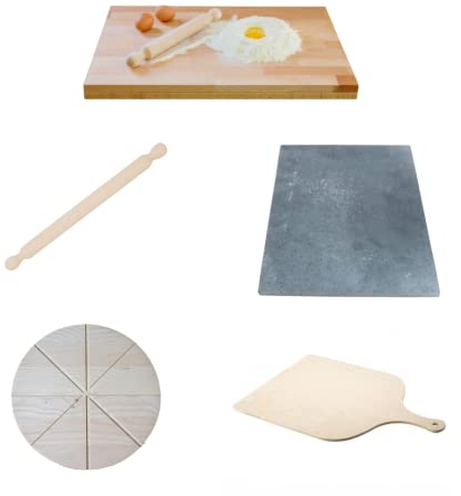 Juego de conveniencia, kit de cocina: 1 tabla de pasta + 1 rodillo + 1 piedra volcánica + 1 tabla redonda de pizza + 1 pala para pizza, 100% madera de haya, 5 en 1, indispensables en la cocina