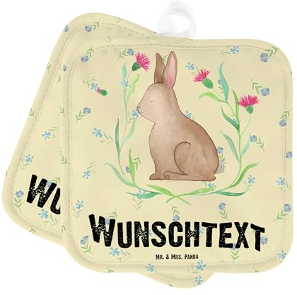 Mr. & Mrs. Panda Personalisierte Topflappen Hase Sitzen - Geschenke, Personalisiert, Ostern, Personalisierter Ofenhandschuh, Topfuntersetzer, Kaninchen, Osterhase, mit Namen, Liebe, Frohe, Set