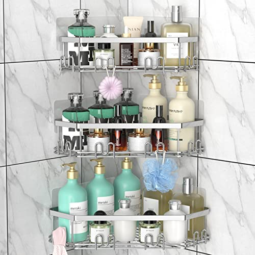 STEUGO Corner Shower Caddy, 3 Pack Adhesive Shower Corner Organizer Shelves, No Drilling Stainless Steel Shower Storage Rack with 12 Hooks for Bathroom, Dorm and Kitchen(Silver)