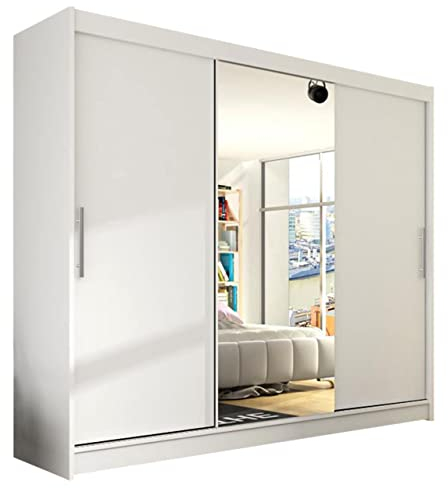 Mirjan24 Kleiderschrank Aston 250 mit Spiegel, Schwebetürenschrank, Schlafzimmerschrank, Schiebetürenschrank, Garderobe, Schlafzimmer (Weiß, ohne Beleuchtung)