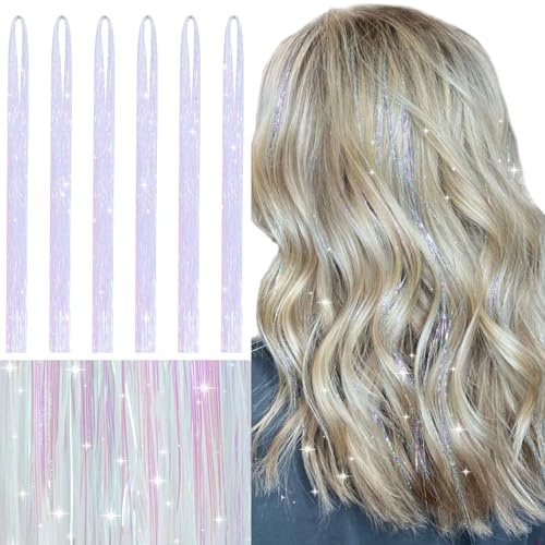 WENNALIFE Hair Tinsel, Glitzer Haarsträhnen für Party Festival Mädchen | 120cm 6 Stück Haar Lametta 1200 Glitzersträhnen für Haare. #Silberweiss. Leicht, Gerade, Knitterfrei.