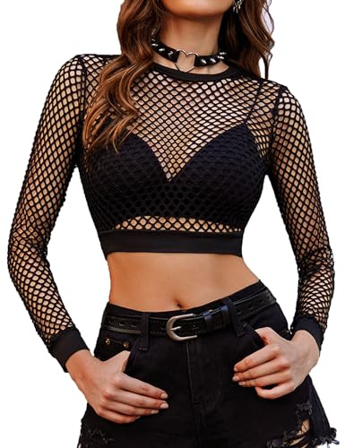 Dam nättopp sexig blus långärmad klubbkläder nät crop fritid topp rund hals skjorta oktoberfest nättopp, A-svart, L