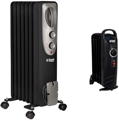 Russell Hobbs 1500W/1.5KW Oil Filled Radiator, 7 Fin Portable Electric Heater - Black & 650W Oil Filled Radiator, 5 Fin Portable Electric Heater - Black