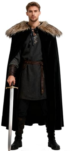 keland Capa de Terciopelo Negro con Cuello de pelo Vikinga Desmontable Capa Medieval (Marrón)