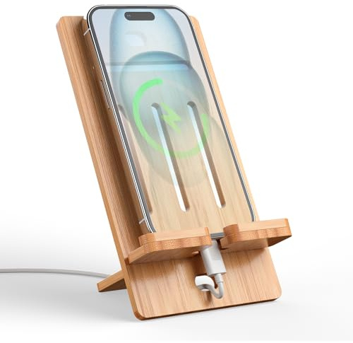 Pezin & Hulin Bamboo Cell Phone Stand,Slim Version-Natural Bamboo | Wood Charging Dock Holder, Portable Desktop Phone Rack, Compatible with Mobile Phone and Tablet