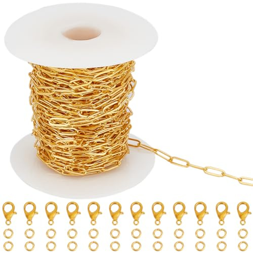 SUNNYCLUE 33 Fuß/10m 3.5mm Büroklammer Kette Gliederkette Metall Messingketten Großpackung Golden Rechteck Quadrat Zugverlängerung Schlüssel Passende Verbindungsstücke Ketten Für Schmuckherstellung