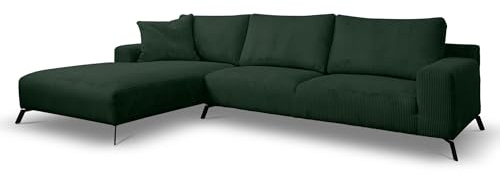 Ecksofa mit Schlaffunktion Aspen, Grün Cordstoff, Ottomane Links | Sofa mit Bettkasten, Schlaffläche 150 x 270 cm, inkl. Kissen & Aufbauanleitung