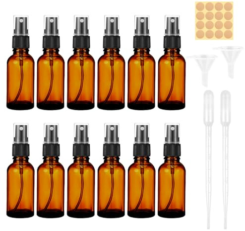 Maxmoc 12 flacons pulvérisateurs en verre marron de 30 ml | Rechargeable avec entonnoir, compte-gouttes et étiquettes pour eau, alcool, cosmétiques, atomiseur, aromathérapie