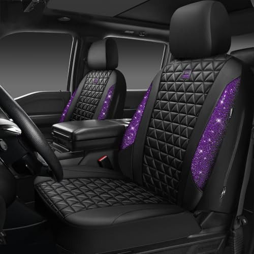 CAR PASS Bling Diamant-Leder-Autositzbezüge für 2 Front-Innensets, wasserdichte glänzende Glitzer-kristallene Universal-Armlehnen-Passform für PKW, LKW, SUV, süß für Frauen und Mädchen, schwarz-lila