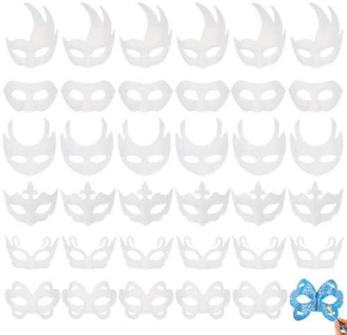 Lot de 36 masques blancs demi-visage pour bal masqué - 6 styles de masques vierges à peindre - Accessoires de costume pour fêtes, blanc, taille unique