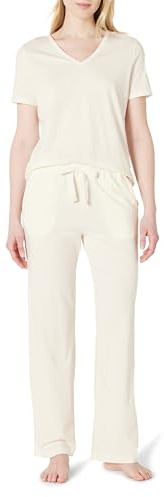 Amazon Essentials Juego de Camiseta de Manga Corta de Mezcla de Algodón Suave y Pantalones de Dormir Mujer, Marfil, L