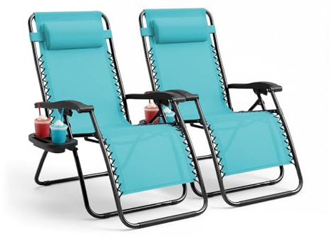 KEPLIN Set of 2 Heavy Duty Zero Gravity Chairs – Padded Garden Recliners with Locking System, 160° Recline, Adjustable Pillow, Removable Tray with Cup & Phone Holders, Foldable, 110kg Capacity (Teal)