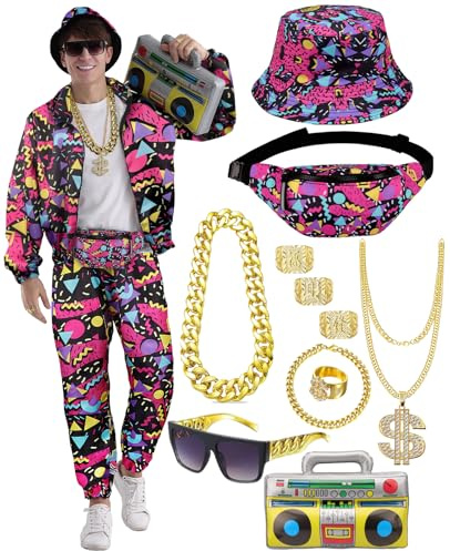 80er 90er Jahre Trainingsanzug Outfit Herren, Kostüm Jogginganzug Hose Set, Aufblasbarer Ghettoblaster Bauchtasche Sonnenbrille Hut Halskette Armband Ring, Hip Hop Sportbekleidung Karneval Mottoparty