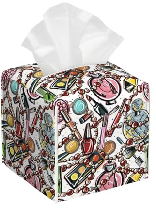 BLYKVGHQ Scattered Cosmetics Tissue Box Cover Square, Perfume and Lipstick Tissue Box Holder with Bottom Belt Leather Facial Paper Organizer Dispenser for Bathroom Bedroom Dresser Night Stand Tabletop