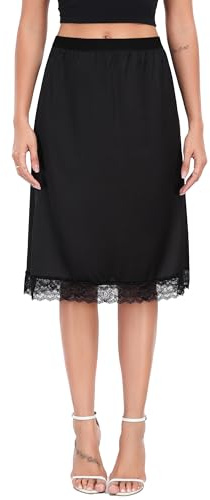 Lovasy Jupon Femme Longue Satin Jupon sous Robe en Dentelle Fond de Jupe sous-Vêtements Invisible et Antistatique Demi-Jupe Taille Élastique pour Robe Transparente,A-Noir,XL