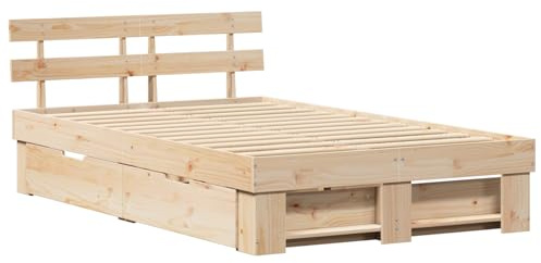 vidaXL Cama con Cajones Natural 135 x 190 cm de Madera de Pino Maciza - Plataforma para Dormitorio, Solución Moderna para Dormir, Estructura de Cama Contemporánea con Cabecero Bajo