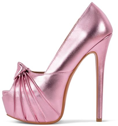 Rhineshell Women's Platform Pumps Pleated Slip On Stilettos PU High Heels Peep Toe Faux Leather Slim Heel Party Dress Prom Shoes Metallic Pink Size 12