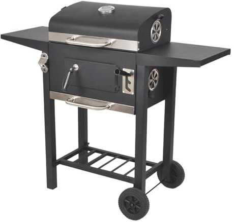 LQWELL Grillwagen, Holzkohlegrill BBQ Smoker Trolley, Standgrill mit Deckel, Edelstahl-griff, Grillrost, Thermometer, Flaschenöffner und Rädern, Maße ca. L109 x W54 x H94.5 cm, Schwarz