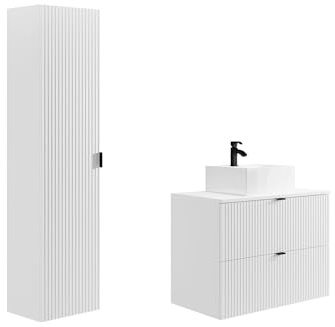 Vente-unique - Meuble de Salle de Bain Suspendu strié avec Vasque à Poser et Colonne - Blanc Mat - 80 cm - ZEVINI