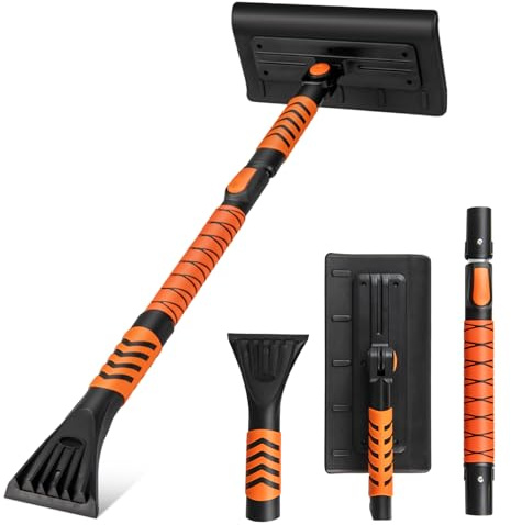 COSTWAY Pala de Nieve Extensible 2 en 1, Rascador de Hielo para Parabrisas de Coche, Cabezal Giratorio de 180°, 3 Longitudes Ajustables, Mango Antideslizante de EVA, Varilla de Aluminio Retráctil