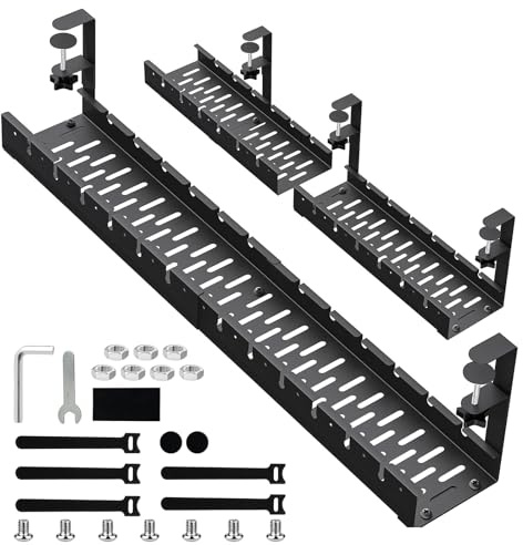 Retractable Under Desk Cable Management Tray - 17-30 Inch Heavy Duty Cable Tray No Drill, Clamp Mount Cables Tidy for Standing Desk, Black Metal Cables Management for Home & Office