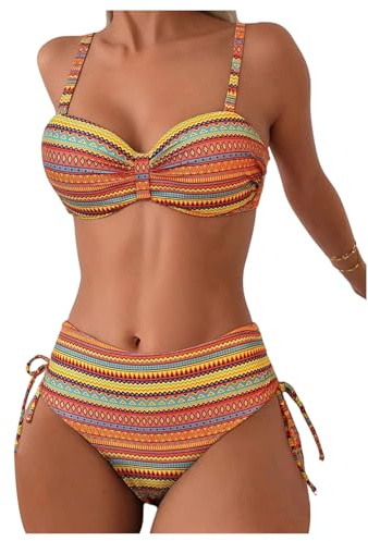 GORGLITTER Women's Push Up Bikini Sets Underwire Tie Side 2 Piece Swimsuit | Striped Boho Print, Tummy Control Swimwear, Tie Side, Ruched Bust, Bikinis for Beach, Holiday, Vacation
