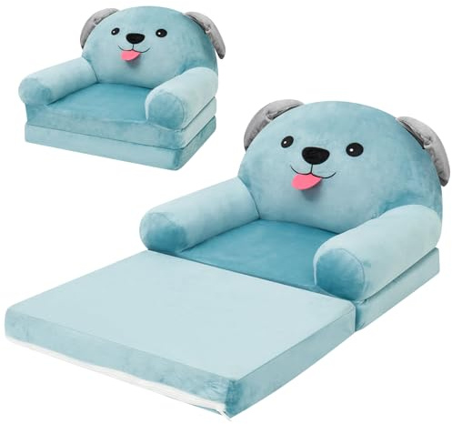harupink Kindersofa Ausklappbar 2 in 1 Spielsofa für Kinder,Kindersessel mit Schlaffunktion,Weich & Robust Mini Couch,Umwandelbares Liegestuhl zum Spielsofa Kinder Sessel ab 1 Jahren(Blauer Hund)