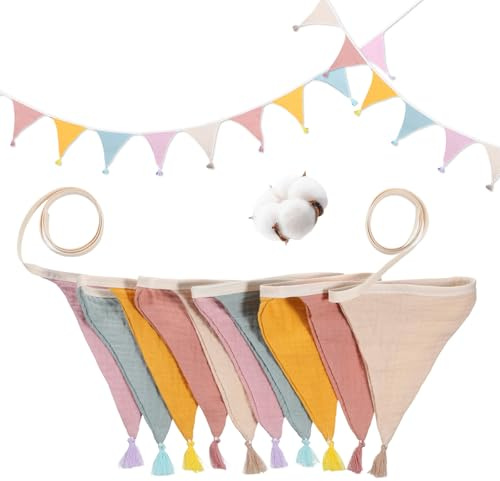 TIESOME 2,74 m vimpelgirlang, barnrum, muslin, babyrumsdekoration med tofsar, väderbeständig krans för hemmasäng, väggdekoration, födelsedag och fest (bonbonbonbonbonbonbonbonfärger – rosa, blå, lila