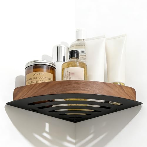 Duschablage Ohne Bohren, Walnuss Holz Ecke Regal für Badezimmer, Selbstklebend, Organisator für Dusche mit Belüftungsdesign, Tragkraft bis 20kg